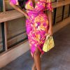 Online Vivid Glam Pink Stretch Printed Ruched Midi Dress Dresses