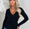 New Lucky Charm Black Tie Waist Wrap Knitted Jumper Tops