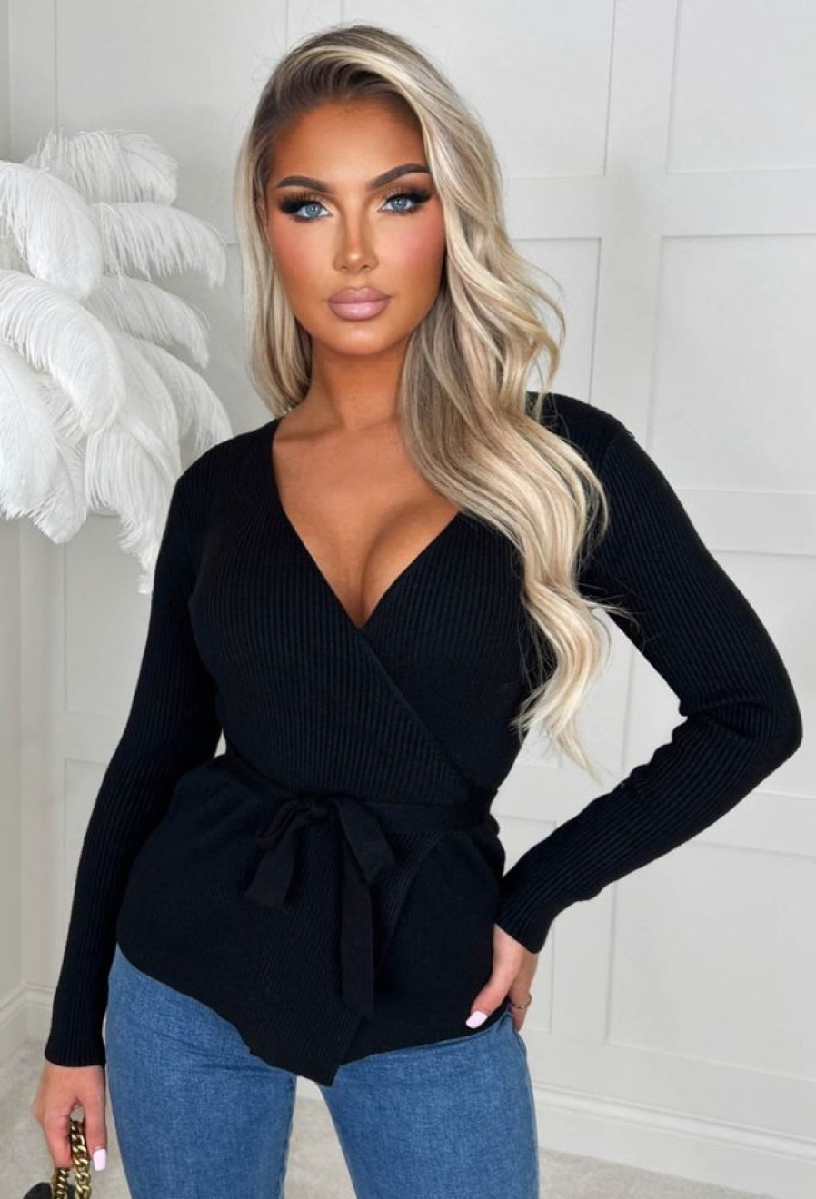 New Lucky Charm Black Tie Waist Wrap Knitted Jumper Tops