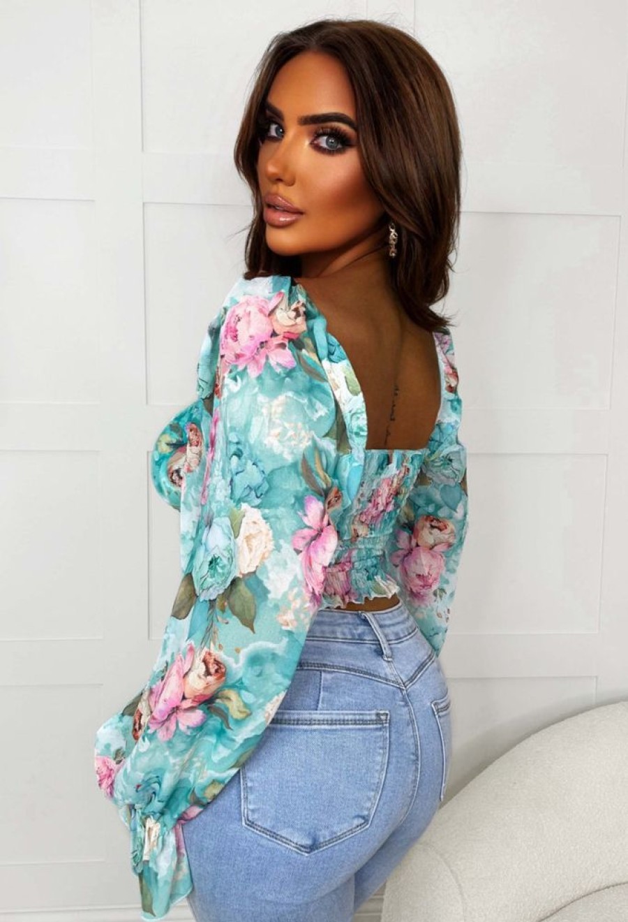 Wholesale Loyal Love Teal Floral Milkmaid Mesh Top Tops