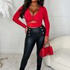 Clearance That Feeling Red Stretch Cut Out Long Sleeve Crop Top Tops