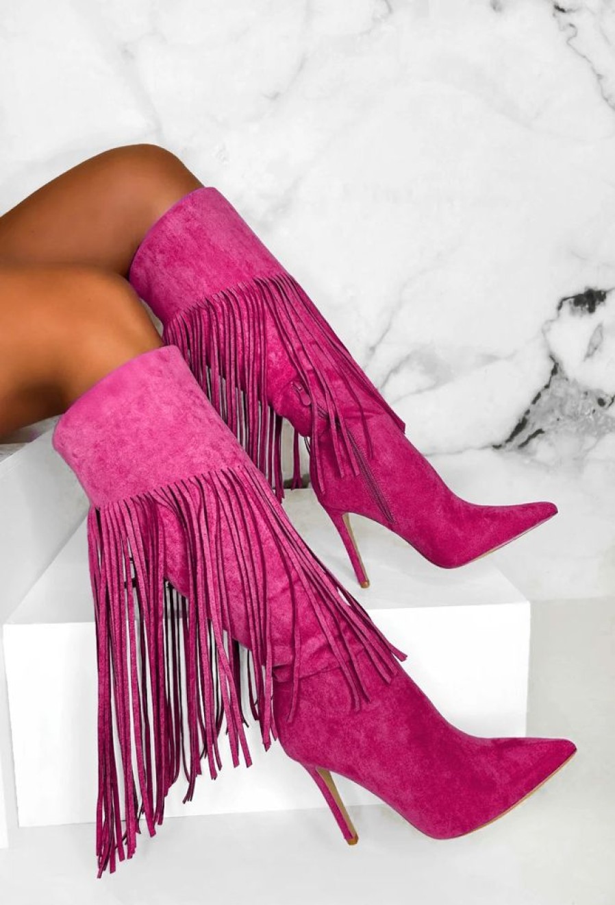 Clearance Sweet Moments Hot Pink Suede Tassel Knee High Boots Boots