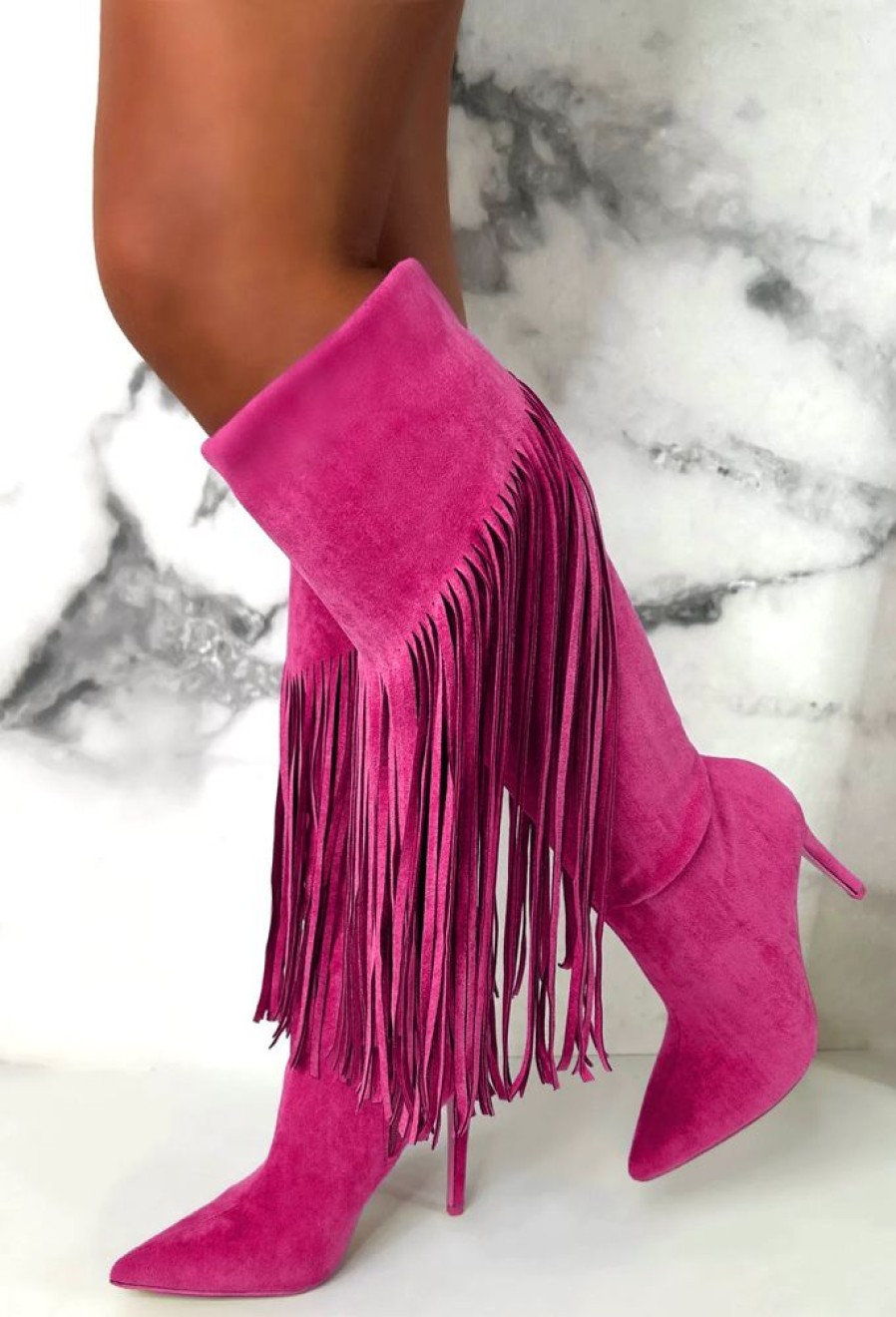 Clearance Sweet Moments Hot Pink Suede Tassel Knee High Boots Boots