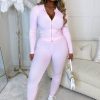 New Relaxed Luxe Blush Two Piece Knitted Rib Zip Loungewear Set Limited Edition Loungewear