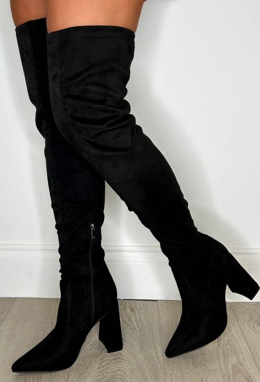 Wholesale Breaking The Rules Black Stretch Suede Over The Knee Block Heel Boots Boots