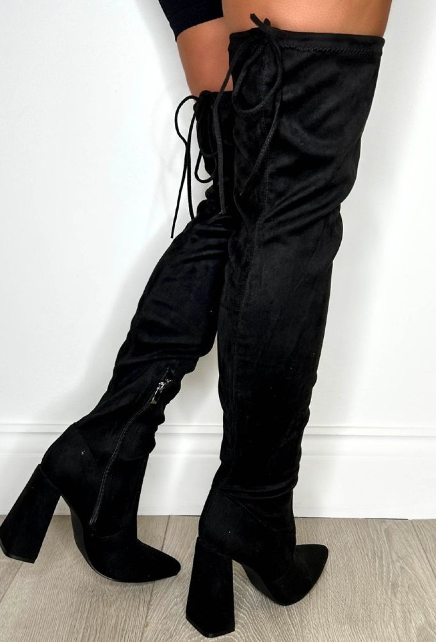 Wholesale Breaking The Rules Black Stretch Suede Over The Knee Block Heel Boots Boots