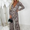 Best Rebel Radiance Leopard Wrap Over Long Sleeve Wide Leg Belted Jumpsuit Jumpsuits