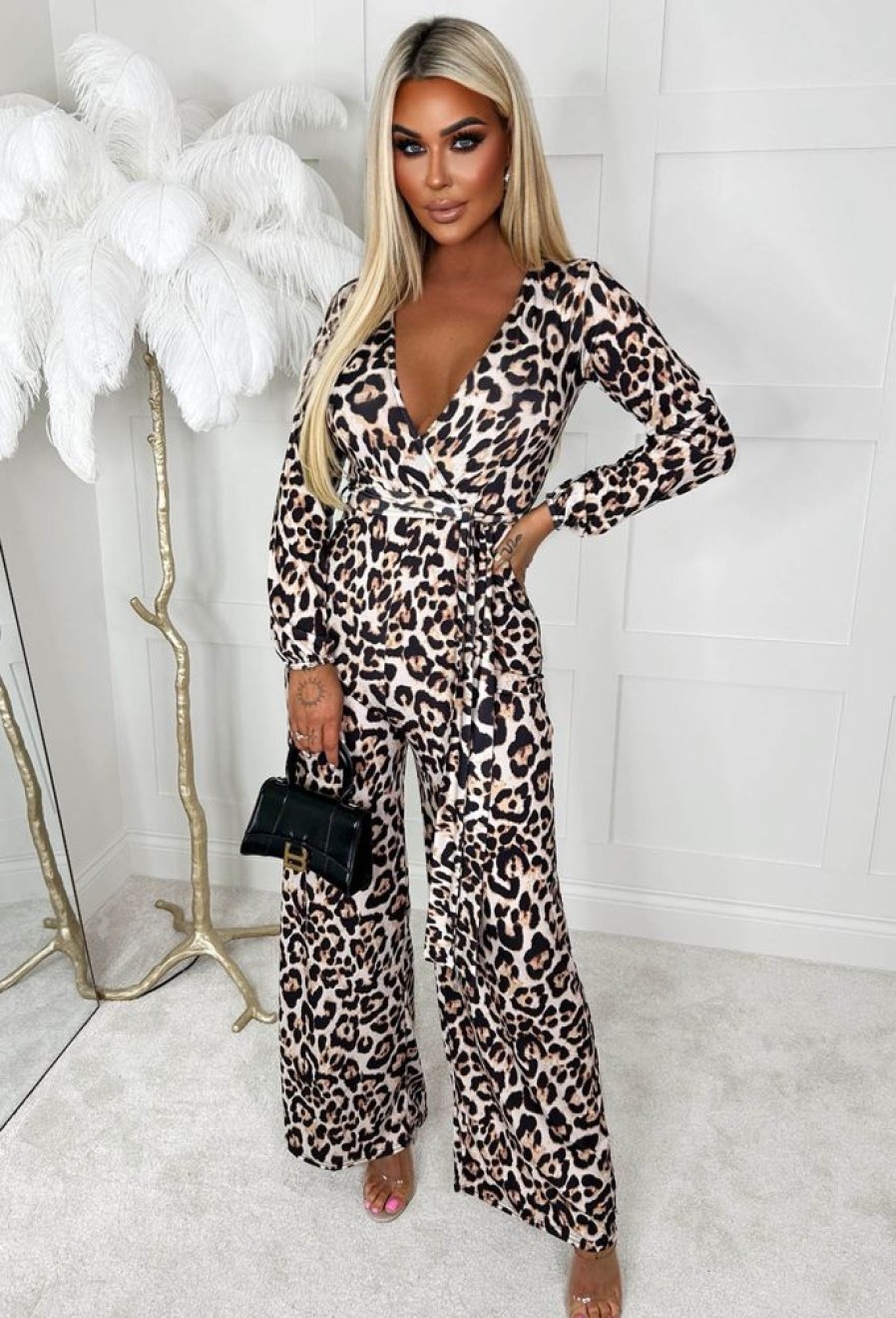 Best Rebel Radiance Leopard Wrap Over Long Sleeve Wide Leg Belted Jumpsuit Jumpsuits