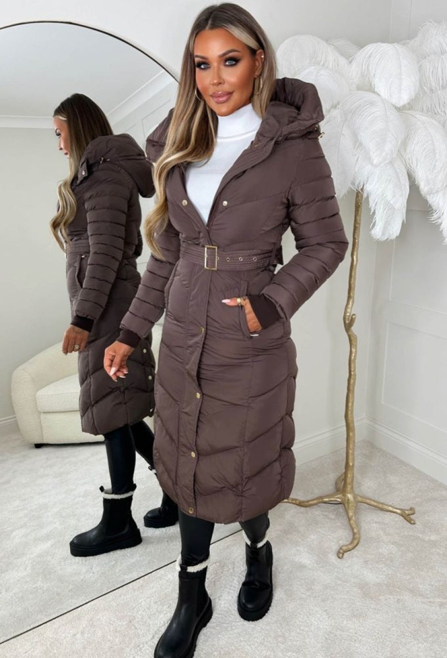 Hot Urban Chic Brown Chevron Belted Hooded Fleece Lined Padded Coat Coats And Jackets