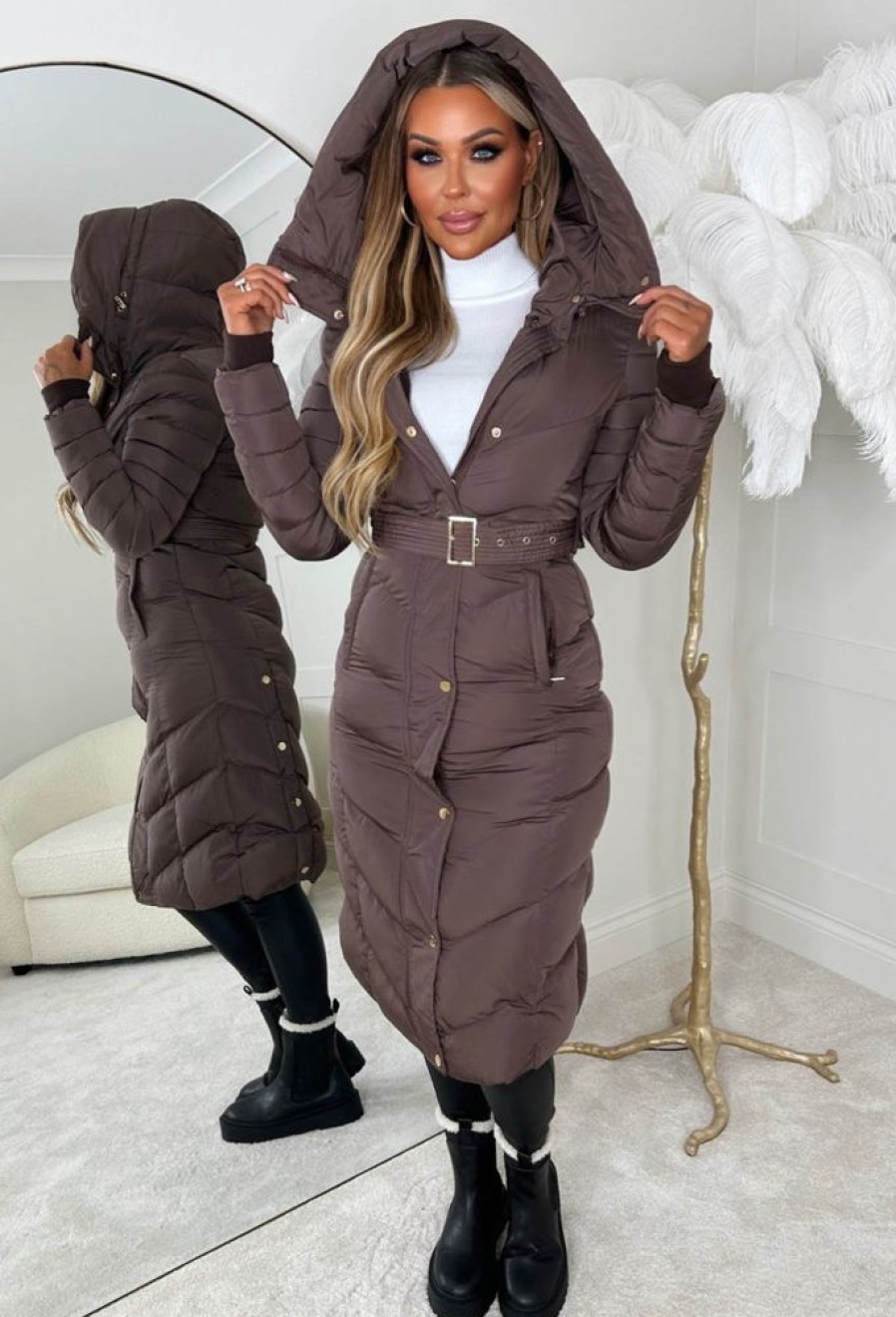 Hot Urban Chic Brown Chevron Belted Hooded Fleece Lined Padded Coat Coats And Jackets