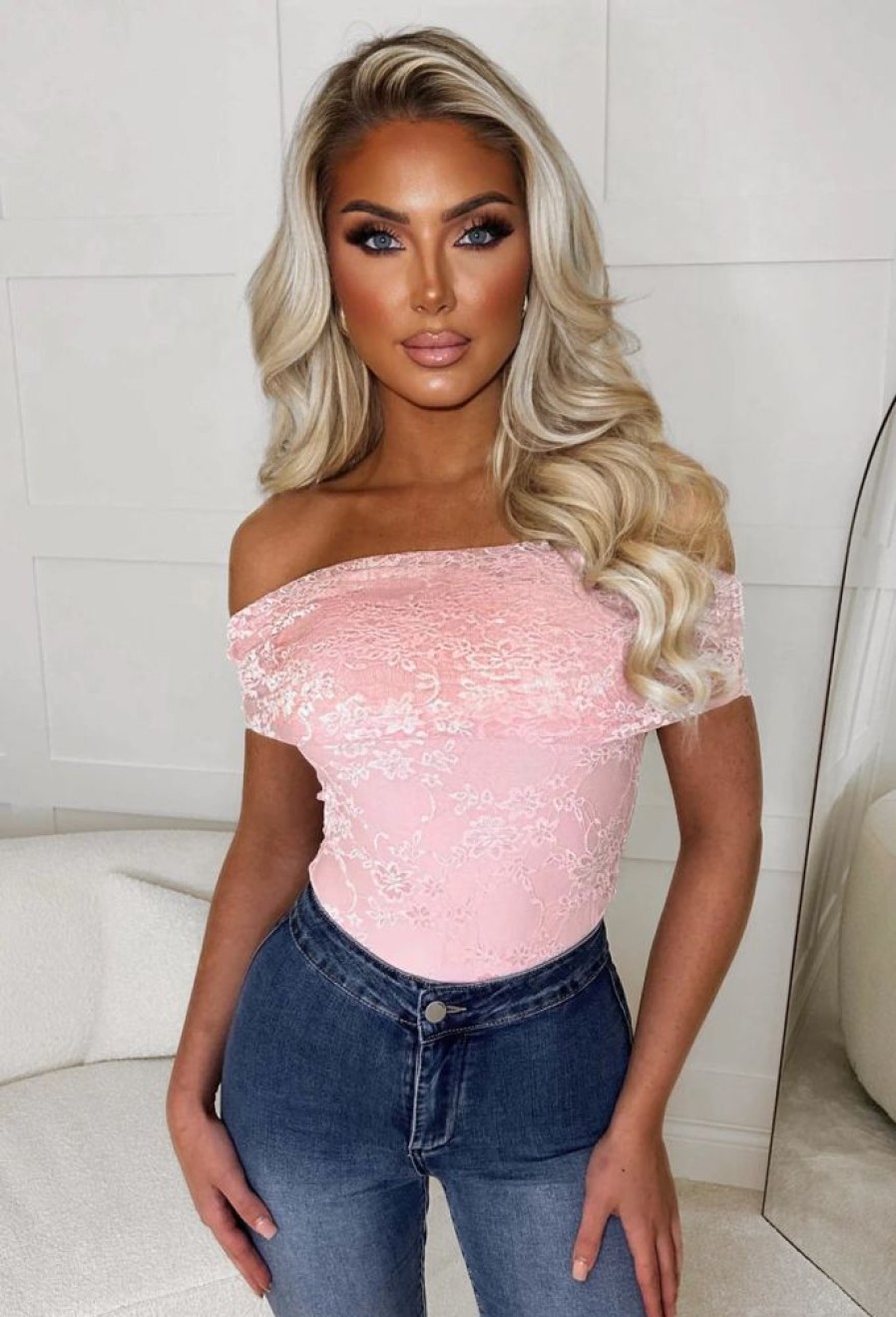 Hot Love Us Forever Baby Pink Lace Stretch Bardot Bodysuit Tops