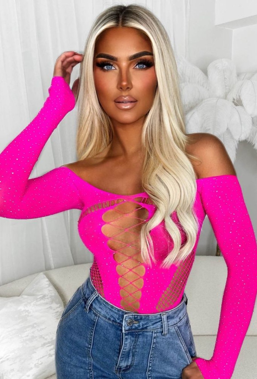 New Taste Of Paradise Pink Cut Out Mesh Hotfix Bodysuit Tops