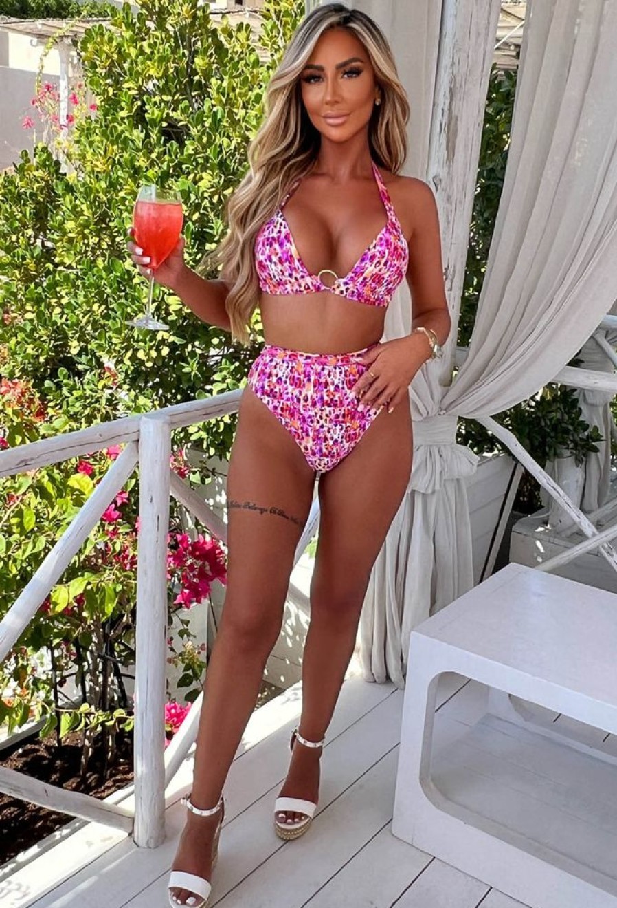 Clearance Beachy Allure Pink Printed Padded Cup Bikini With High Waist Brief Swimwear