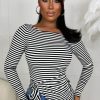 Wholesale Get Your Own Monochrome Knot Detail Stretch Striped Long Sleeve Top Tops