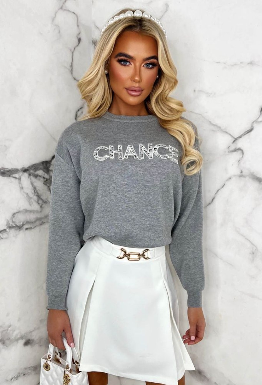 Online Take Chances Grey Embroidered Knitwear Jumper Limited Edition Tops