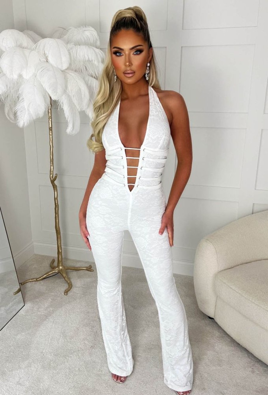 Online Mystic White Lace Halterneck Flared Tie Up Stretch Jumpsuit Limited Edition Jumpsuits