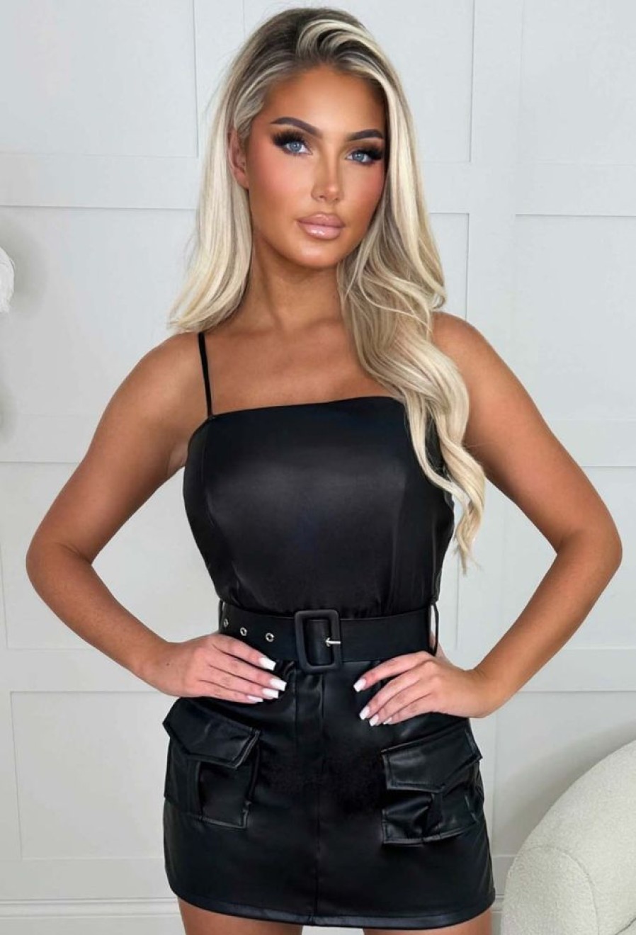 Best Fashionista Fave Black Faux Leather Stretch Cargo Belted Skort Playsuit Playsuits