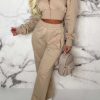 Best San Fran Dreaming Beige Embroided Cropped Baseball Collar Two Piece Loungewear Set Loungewear