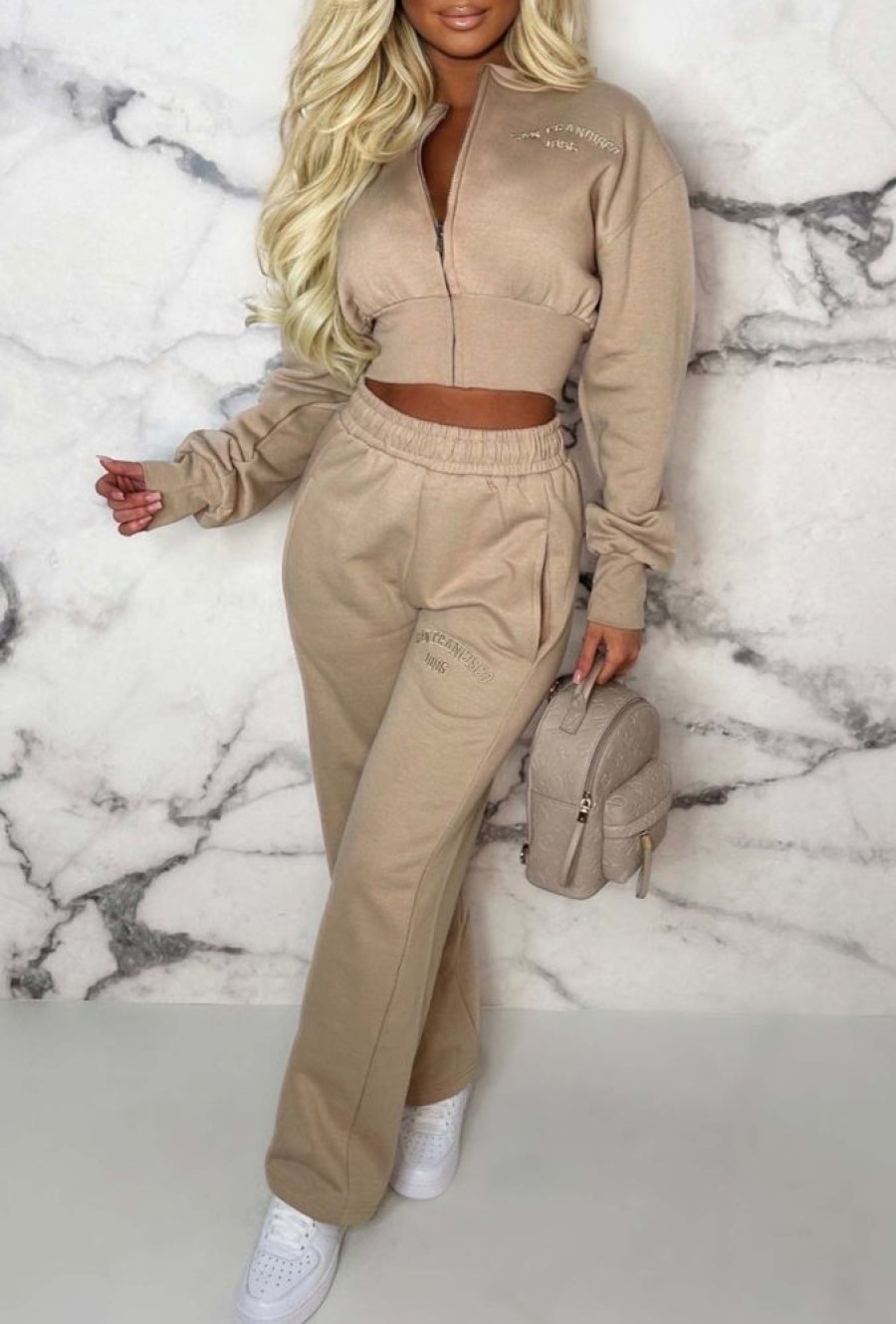 Best San Fran Dreaming Beige Embroided Cropped Baseball Collar Two Piece Loungewear Set Loungewear