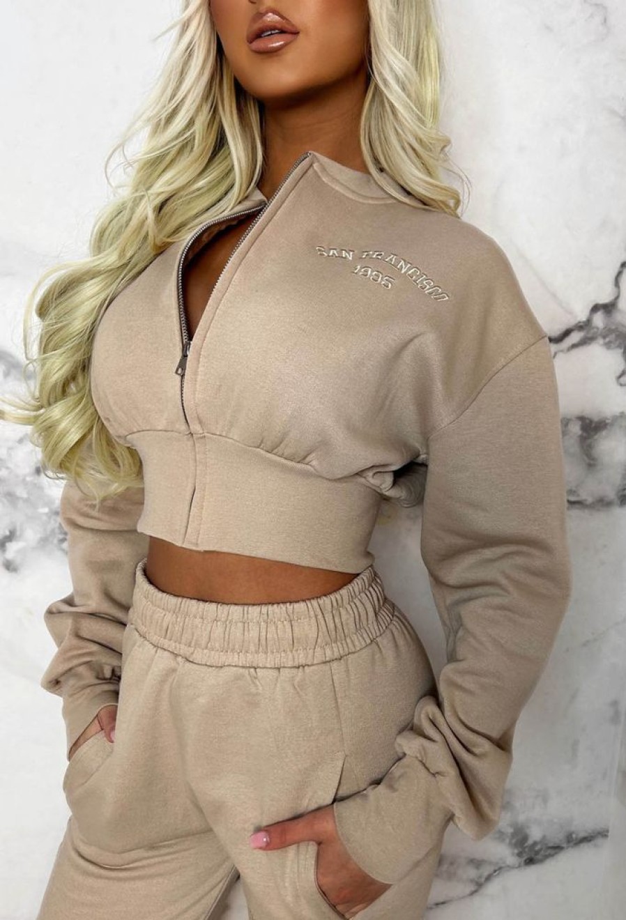 Best San Fran Dreaming Beige Embroided Cropped Baseball Collar Two Piece Loungewear Set Loungewear