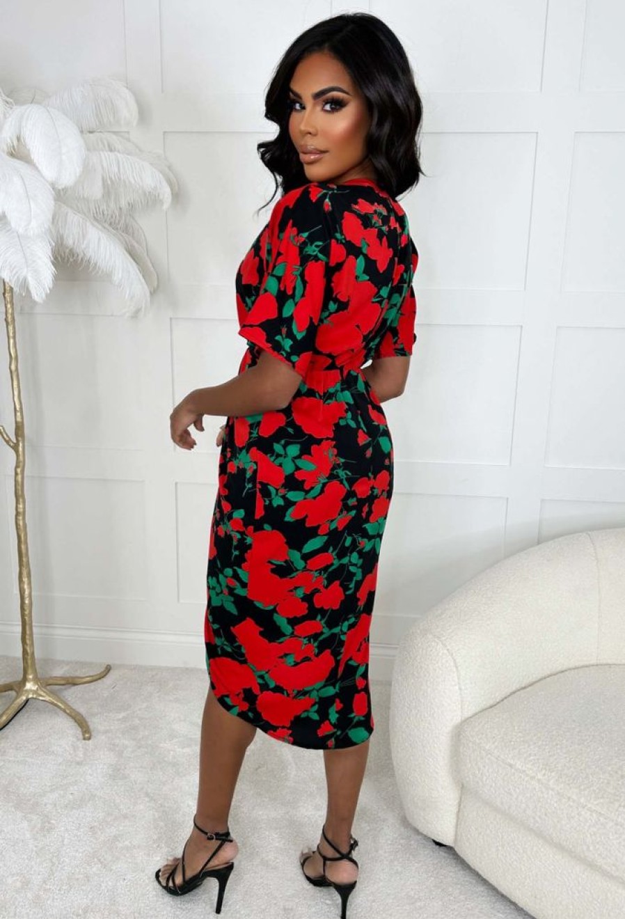 Clearance Rose Bouquet Black Rose Print Wrap Midi Dress Dresses