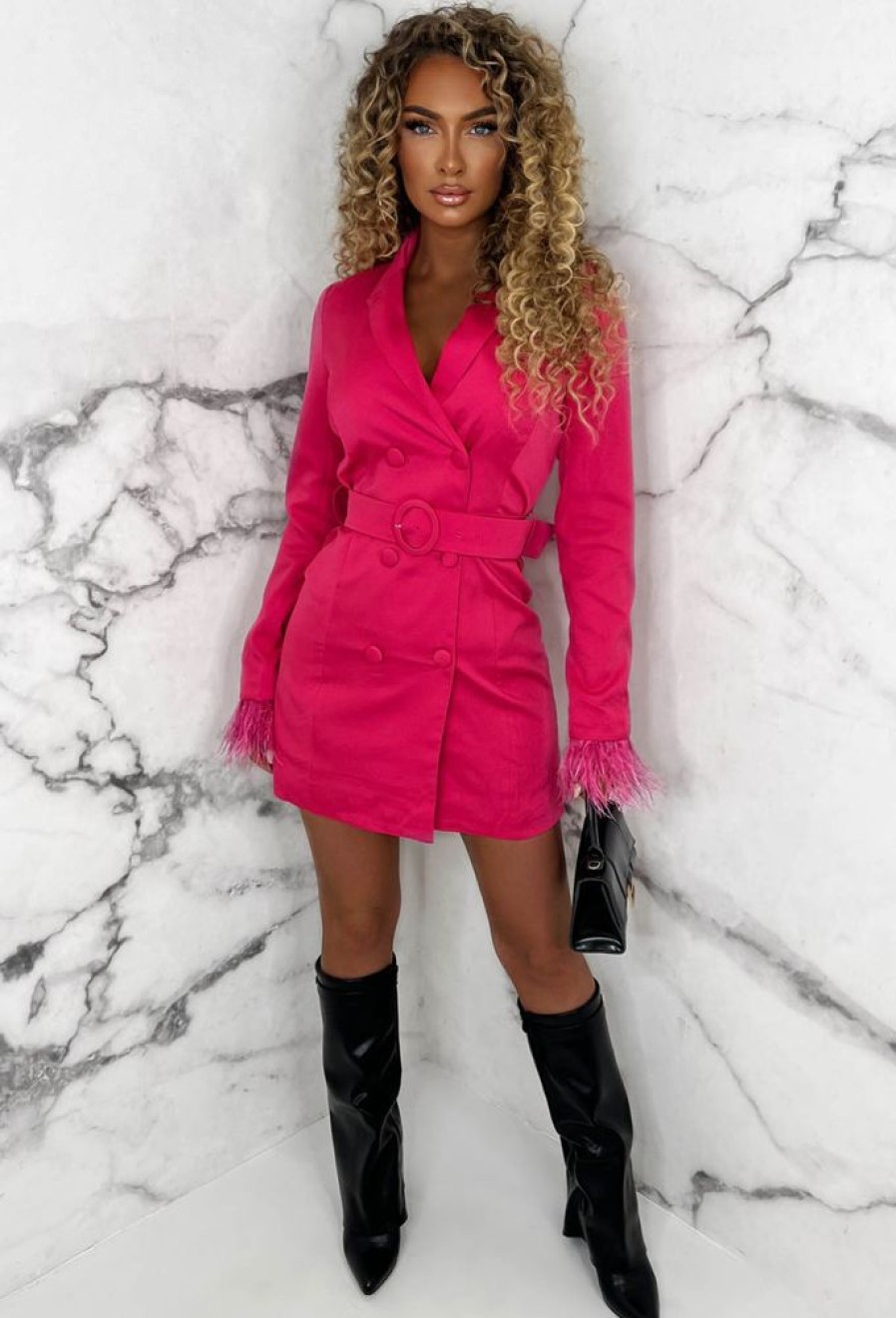 New Boss Vibe Hot Pink Feather Cuff Belted Blazer Dress Dresses