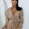 Online Like To Party Champagne Metallic Plisse Belted Stretch-Waist Long Sleeve Playsuit Playsuits