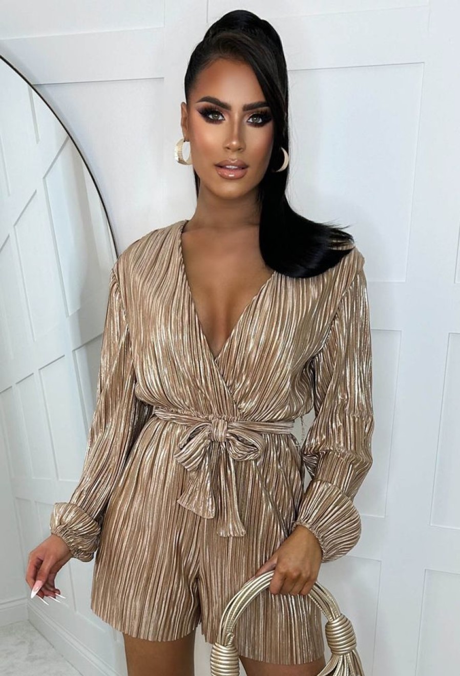 Online Like To Party Champagne Metallic Plisse Belted Stretch-Waist Long Sleeve Playsuit Playsuits