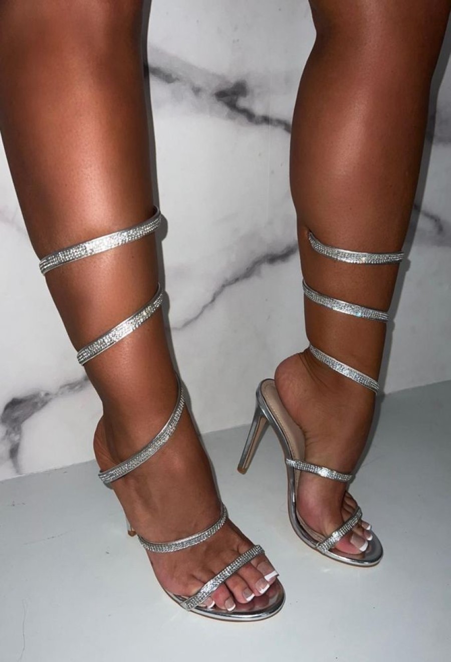 New Whirlwind Romance Silver Diamante Wrap Around Heels High Heels