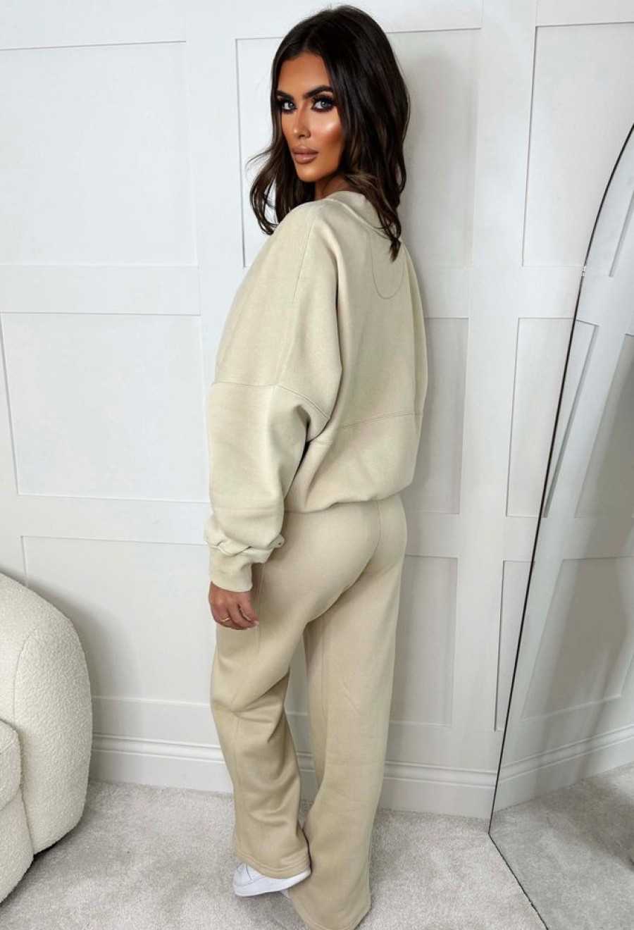 Best Love On Replay Beige Bomber Jacket And Straight Leg Jogger Loungewear Set Loungewear