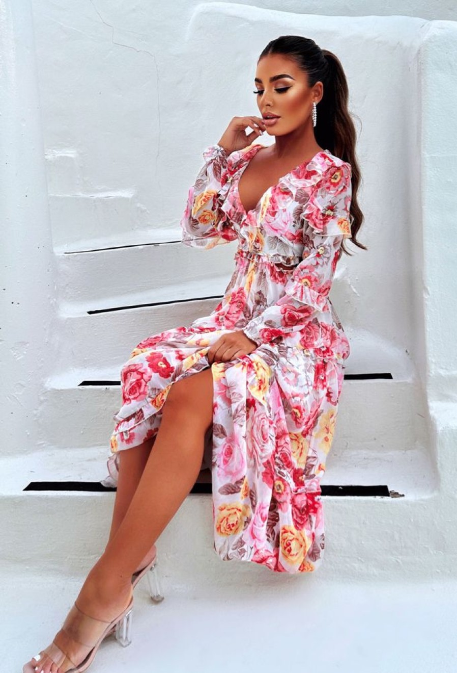 Wholesale Blooming Bouquet White Long Sleeve Cut Out Side Floral Dress Summer Dresses