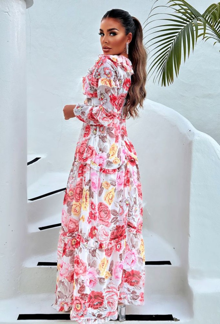 Wholesale Blooming Bouquet White Long Sleeve Cut Out Side Floral Dress Summer Dresses