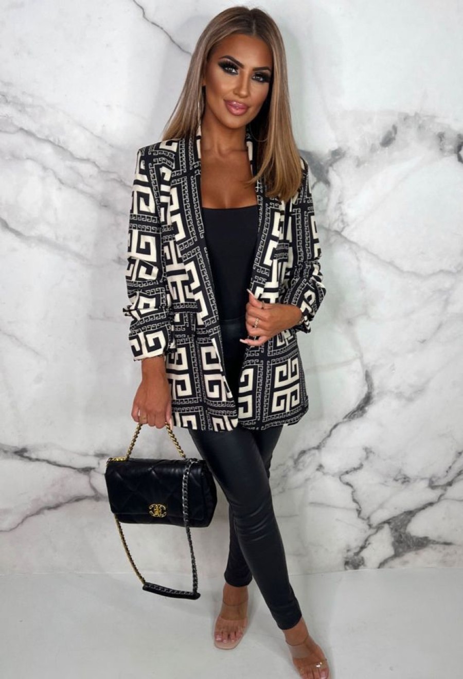 Best Iconic Diva Black Monogram Shawl Neck Ruched Sleeve Printed Blazer Coats And Jackets