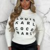 Wholesale Fashion Society Cream Embroidered Turtle Neck Slogan Jumper Limited Edition Tops