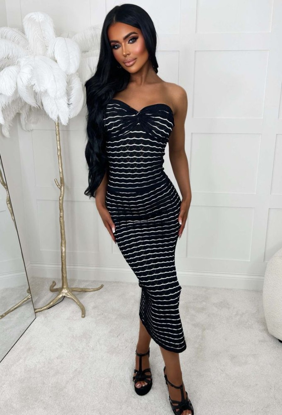 Wholesale Earn Your Stripes Monochrome Stretch Striped Twist Front Bandeau Co-Ord Set Co-Ords