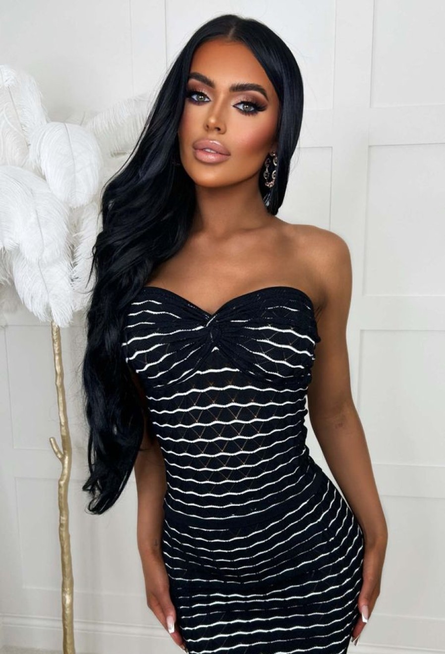 Wholesale Earn Your Stripes Monochrome Stretch Striped Twist Front Bandeau Co-Ord Set Co-Ords