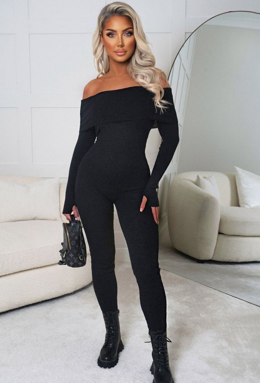 Hot Movie Icon Black Bardot Knitted Loungewear Jumpsuit Loungewear