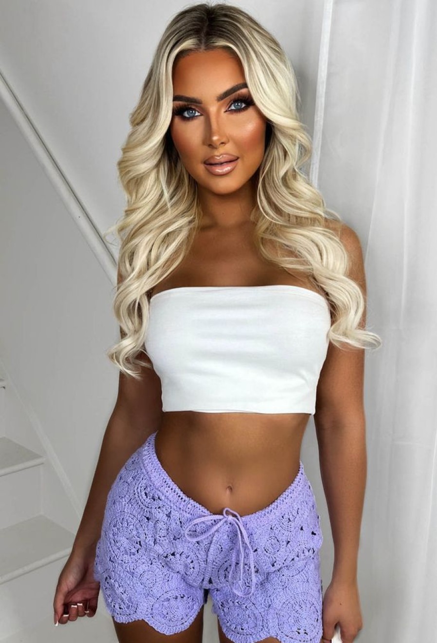 Online Boho Daydream Lilac Crochet Elasticated Drawstring Shorts Shorts