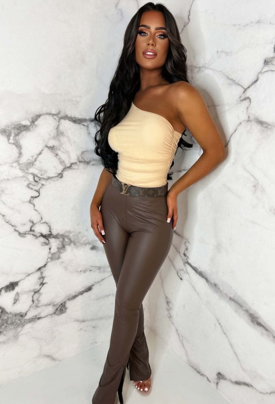 Hot Ciao Bella Brown Faux Leather Bell Bottom Leggings Trousers & Leggings