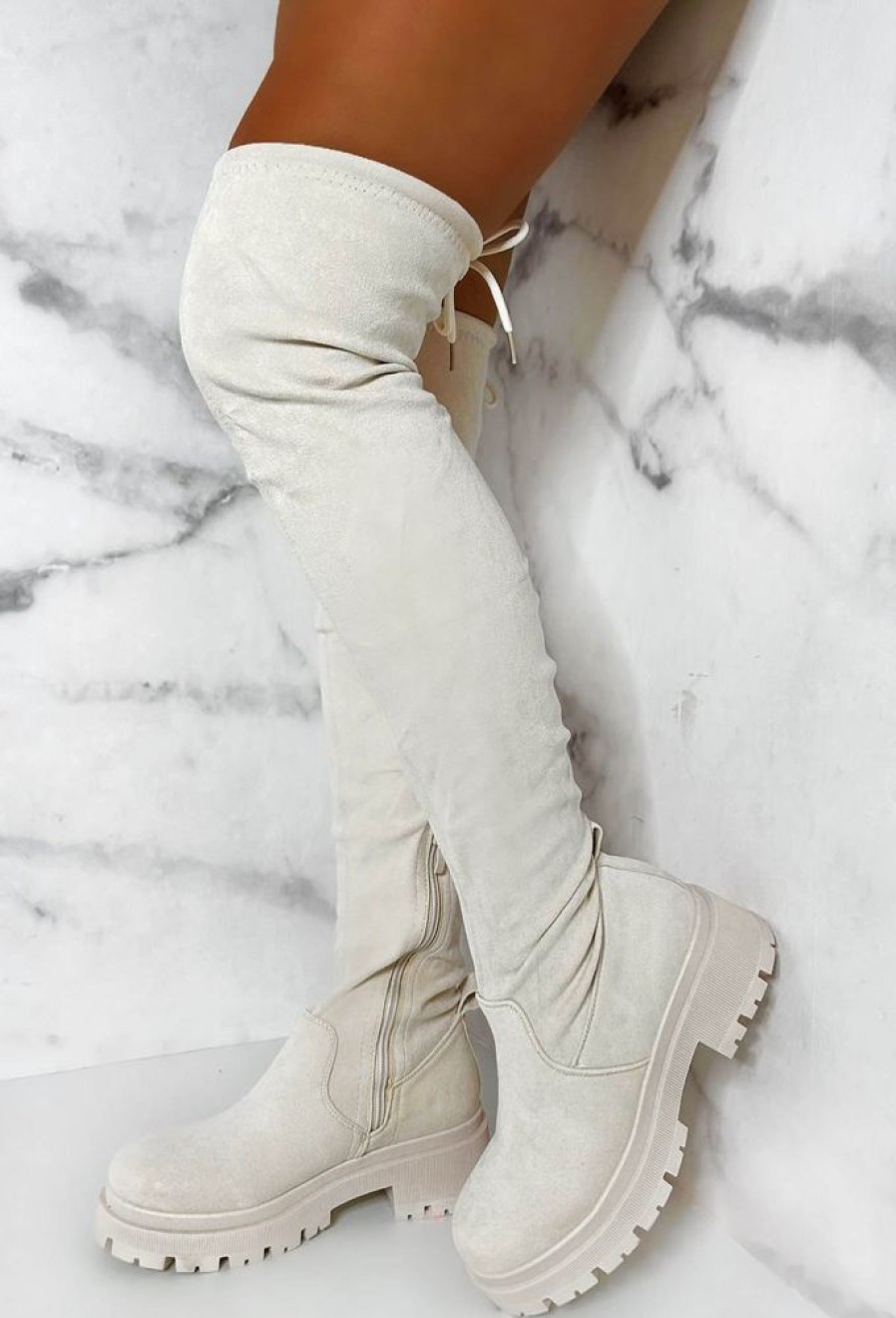 Clearance Cream Dream Cream Faux Suede Flat Over The Knee Boots Limited Edition Boots