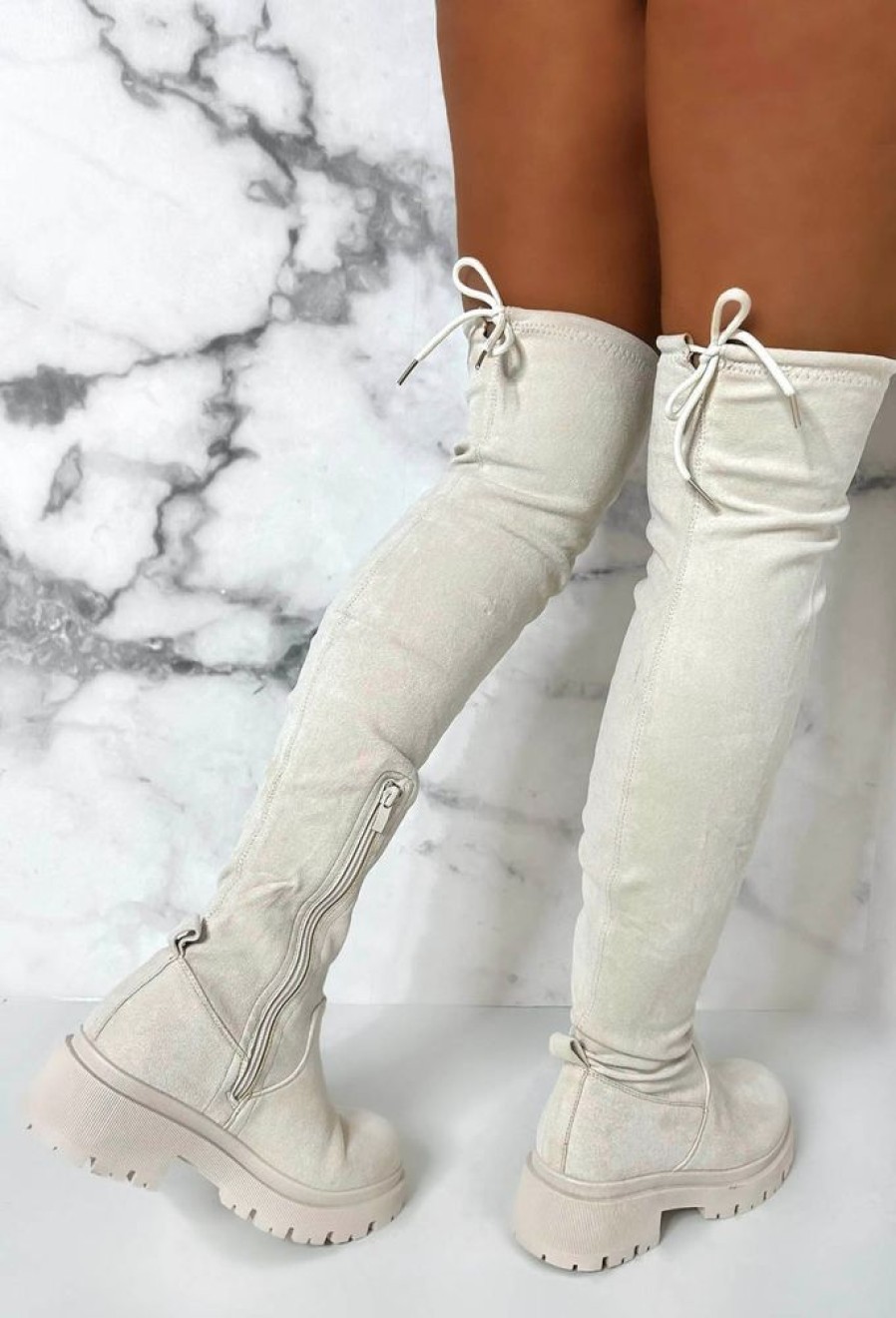 Clearance Cream Dream Cream Faux Suede Flat Over The Knee Boots Limited Edition Boots