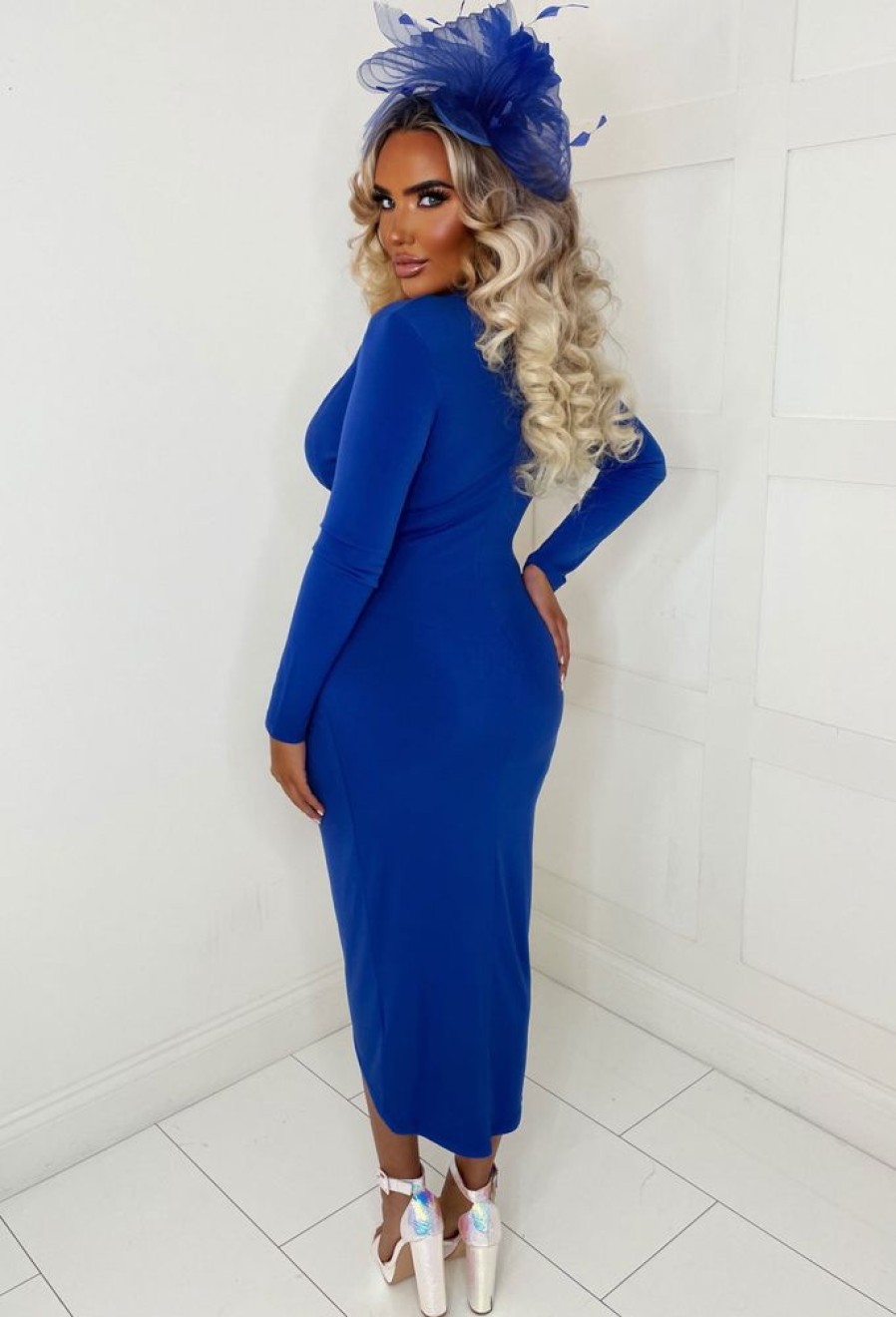 Online Chasing Romance Cobalt Long Sleeve Stretch Ruched Midi Dress Dresses