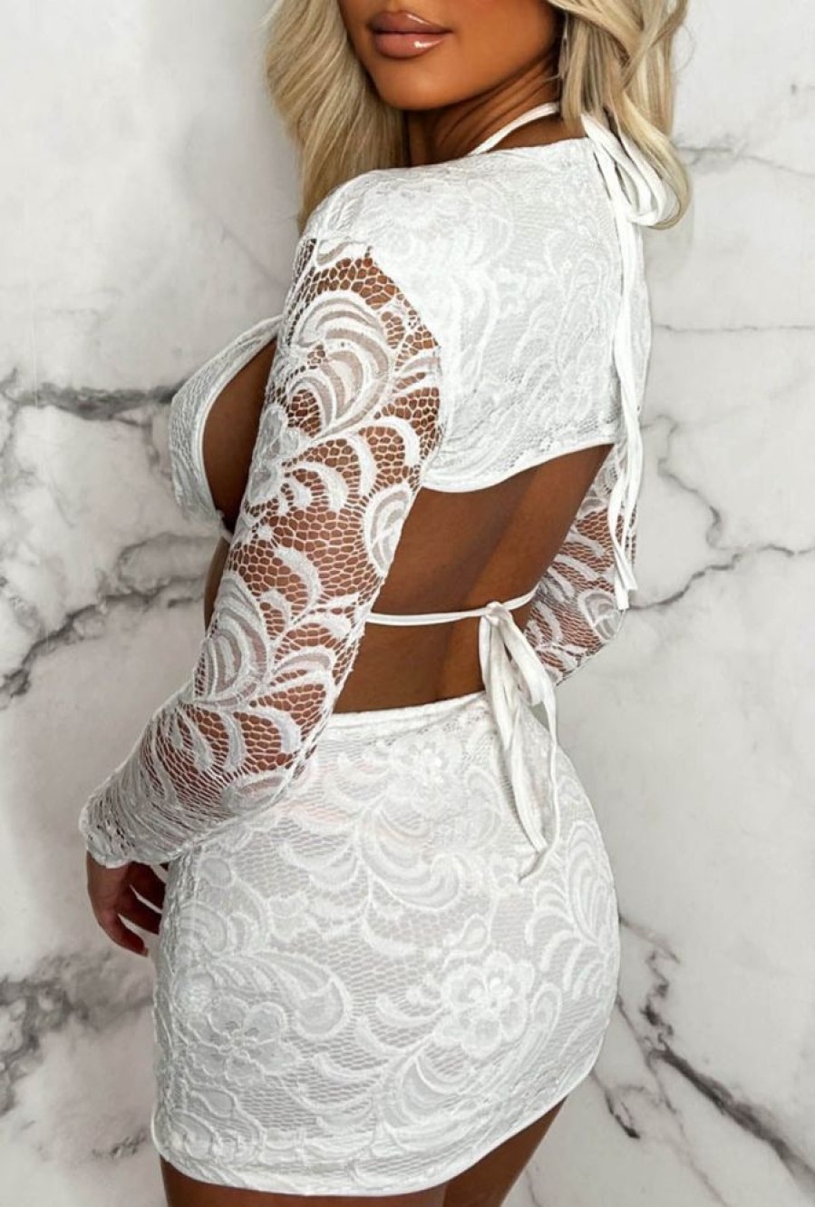 Online Lacy Desire White 3 Piece Stretch Lace Ruched Co-Ord Outfit Set Co-Ords