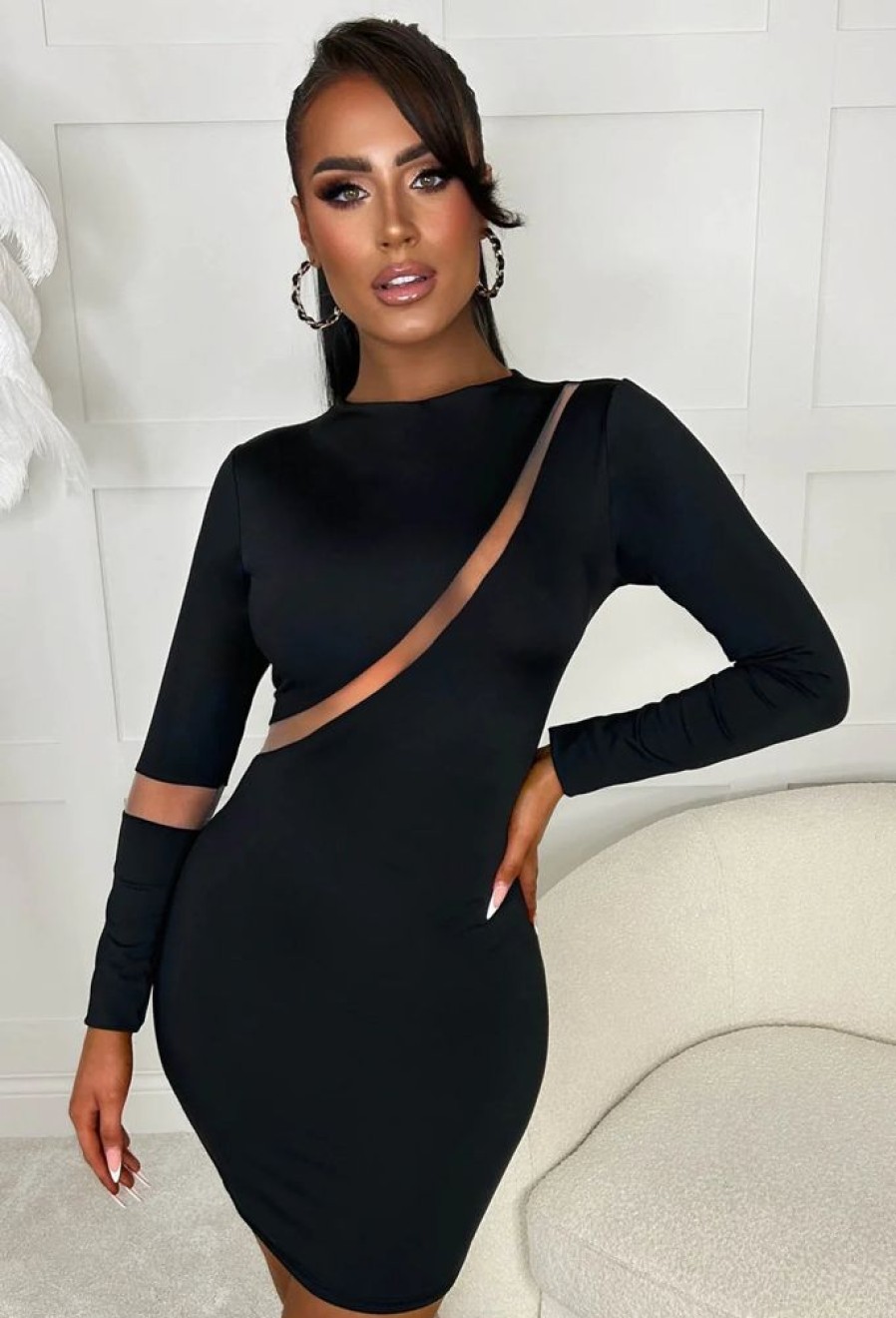 Online Cutting Edge Black Mesh Panel Long Sleeve Mini Dress Dresses