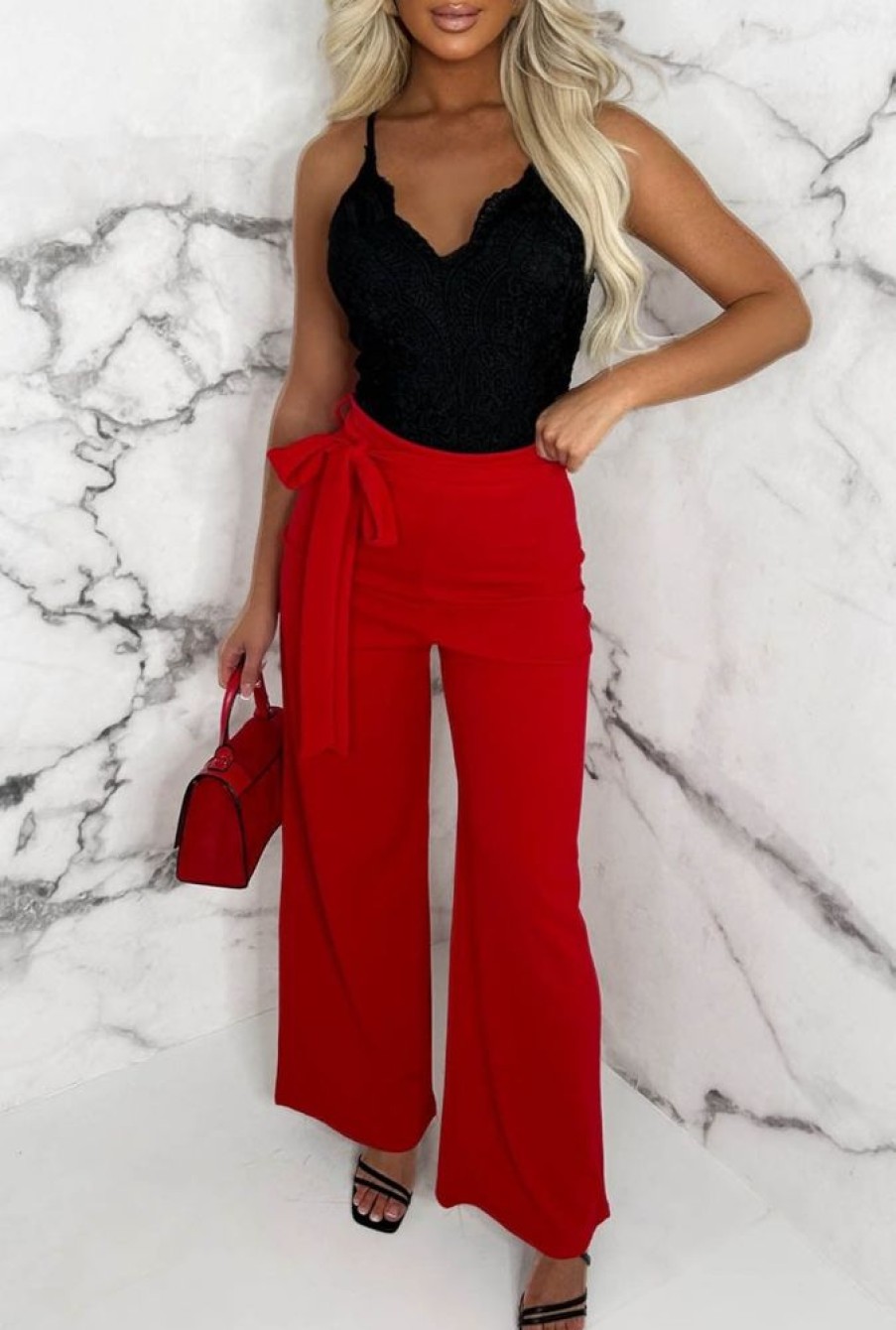 Hot Chic Couture Red Belted Wide Leg Trousers Trousers & Leggings