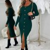 Hot Take My Heart Green Gold Heart Button Long Sleeve Knitted Midi Dress Knitwear