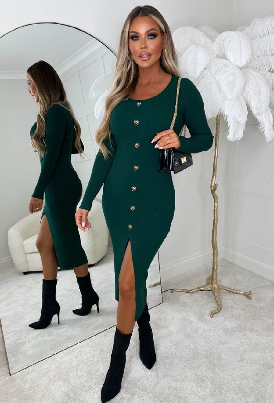 Hot Take My Heart Green Gold Heart Button Long Sleeve Knitted Midi Dress Knitwear