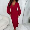 New My Moment Red Long Sleeve Ruched Detail Midi Dress Dresses