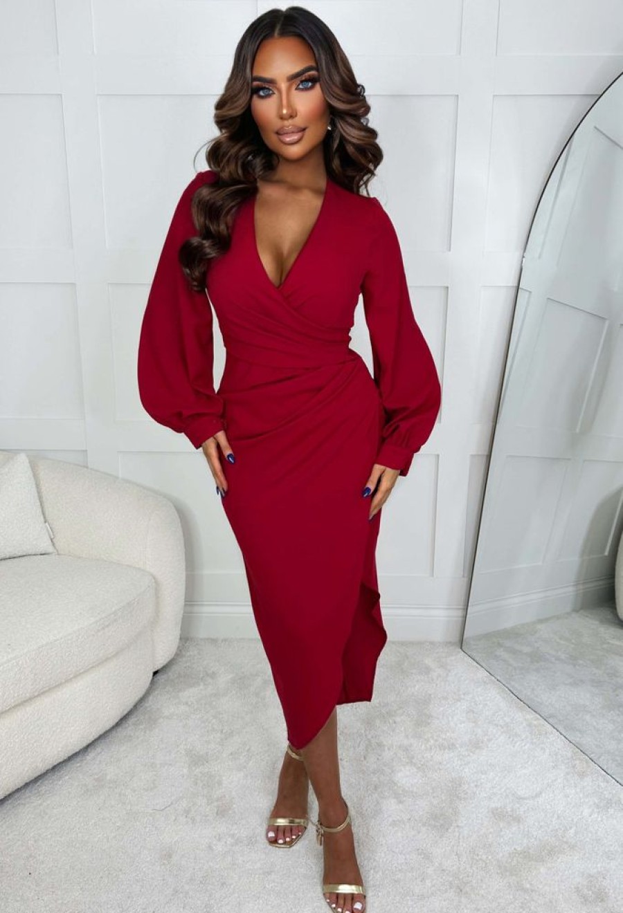 New My Moment Red Long Sleeve Ruched Detail Midi Dress Dresses