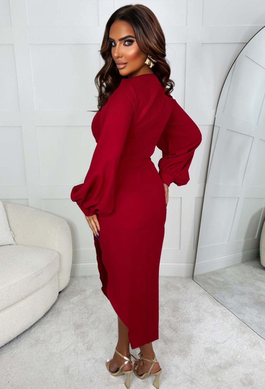 New My Moment Red Long Sleeve Ruched Detail Midi Dress Dresses